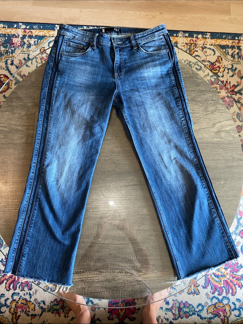 Kut from the Kloth Men's Medium Wash Bootcut Jeans with Frayed Hem